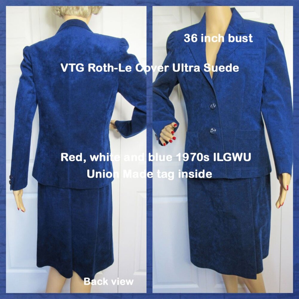 VTG Roth-Le Cover Ultra Suede cobalt blue 36" bust V-neck Blazer & Skirt, 1970s